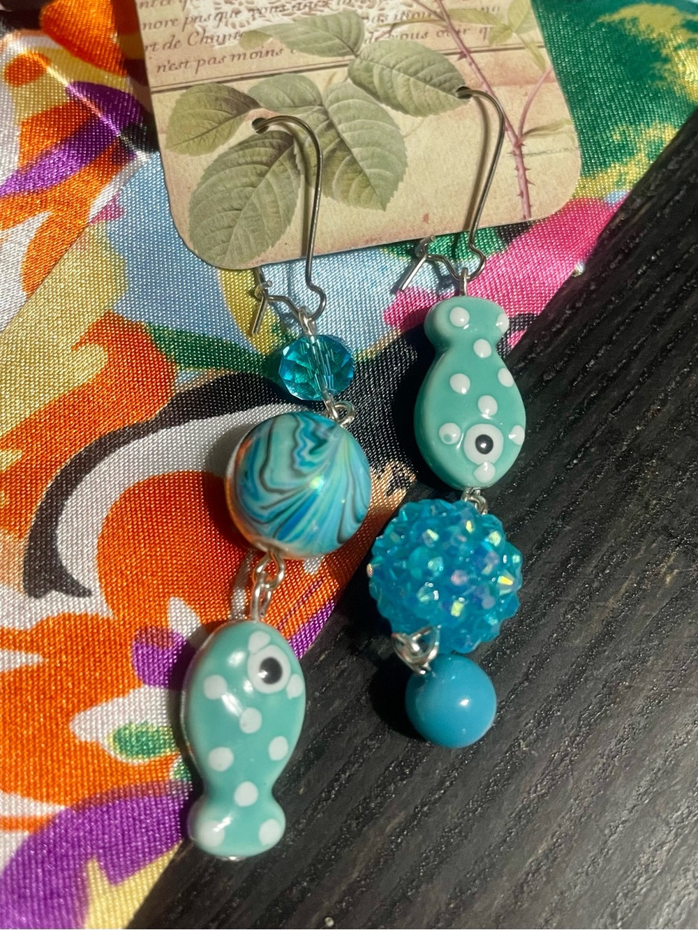 Hand Crafted Turquoise Blue Polka Dot Fish Dangle Earrings
